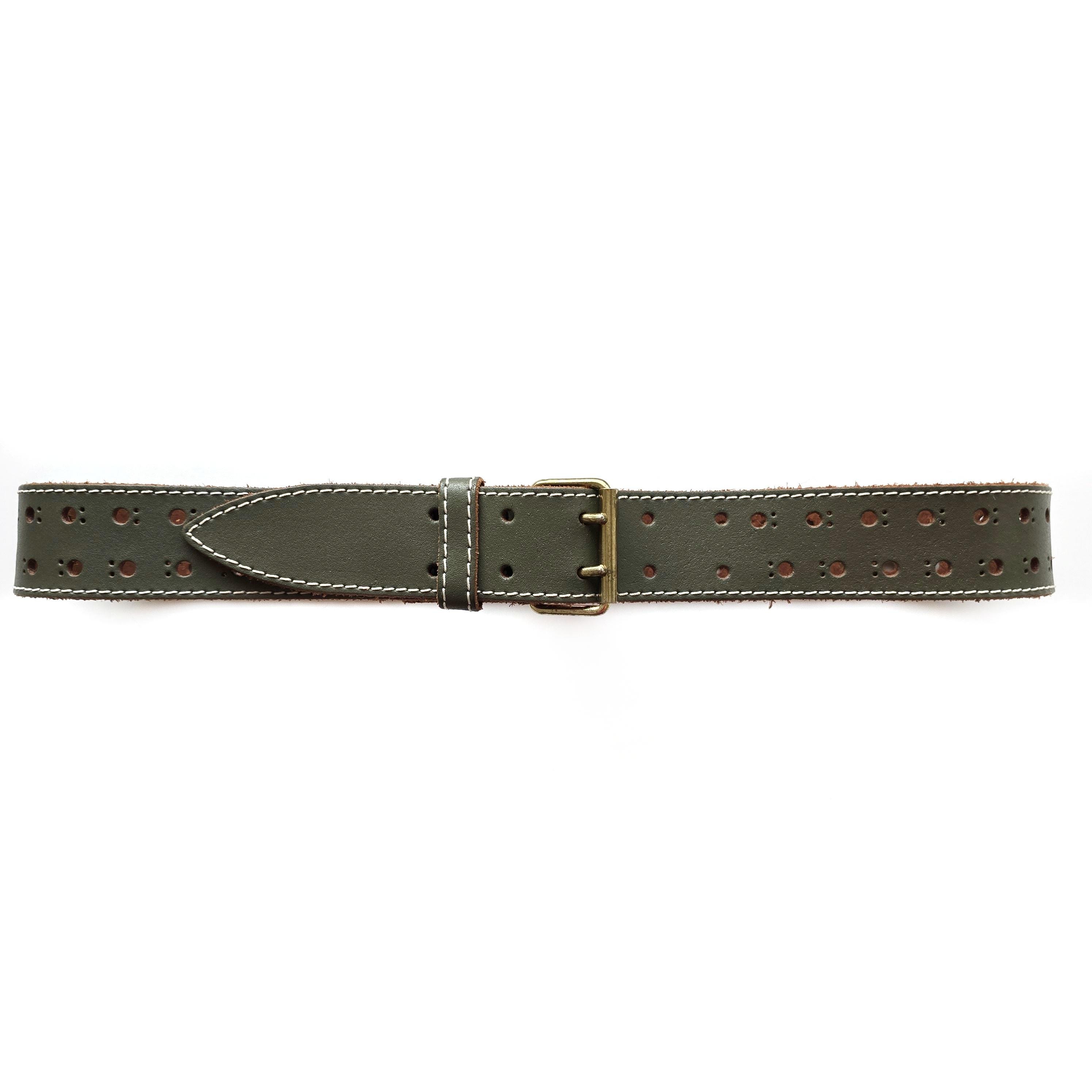 Vintage‎ Olive leather colored Belt small Vintage Olive Green Leather Belt With Brass Buckle | Khaki  main image 4