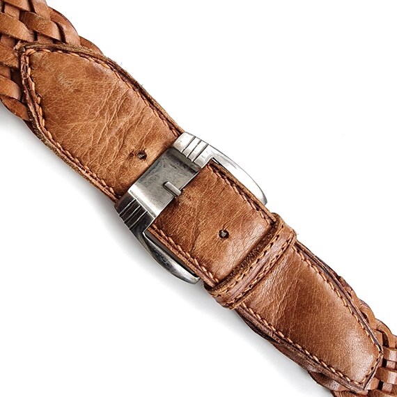 Vintage Caramel Brown Woven Leather Belt With Silver Buckle 