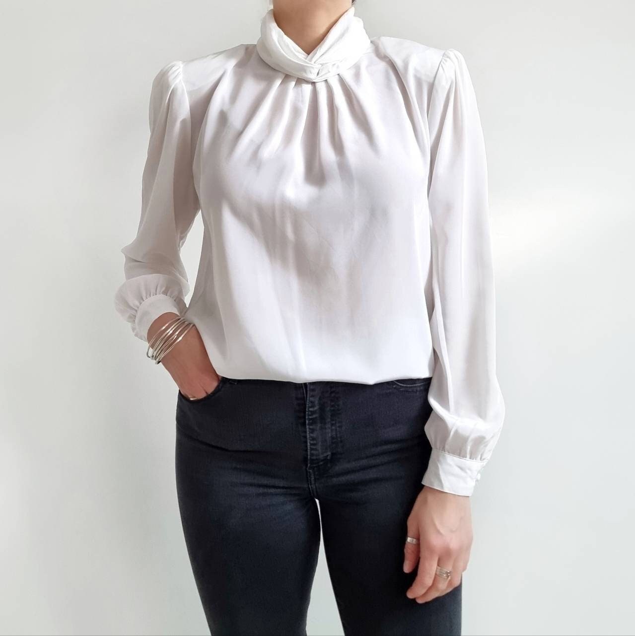 Vintage Mock Neck White Blouse Smart Long Sleeves Blouse W - Etsy Canada