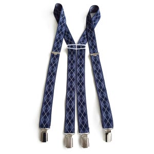 Vintage Men&#39;s Navy, Blue Check Elastic Suspenders | Trouser Braces With Silver Clips