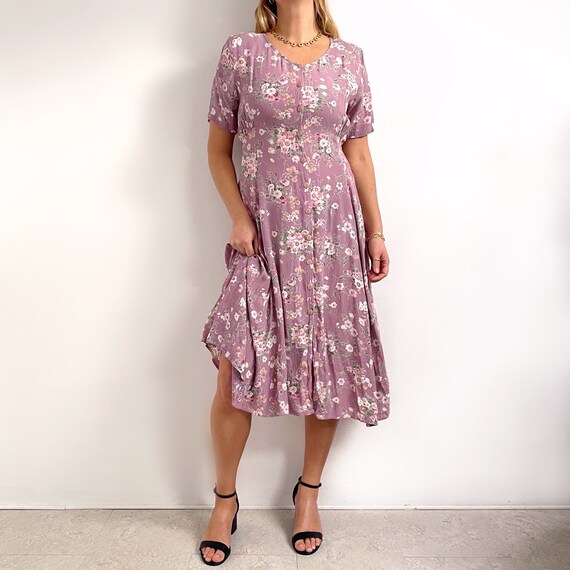 80's Vintage Mauve Floral Button Through Long Dress | Pastel Lilac