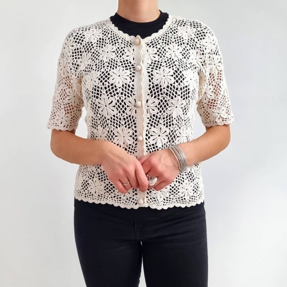 Buy Vintage Cream Floral Crochet Blouse // Short Sleeve Cotton 