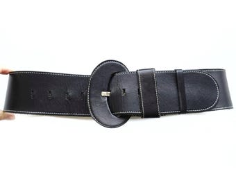 Wide Black Leather Belt Vintage Statement Buckle Oversized 80s 90s Size S Vintage 80s Wide Black Eco Leather Belt Gothic Punk Waist  main image 3