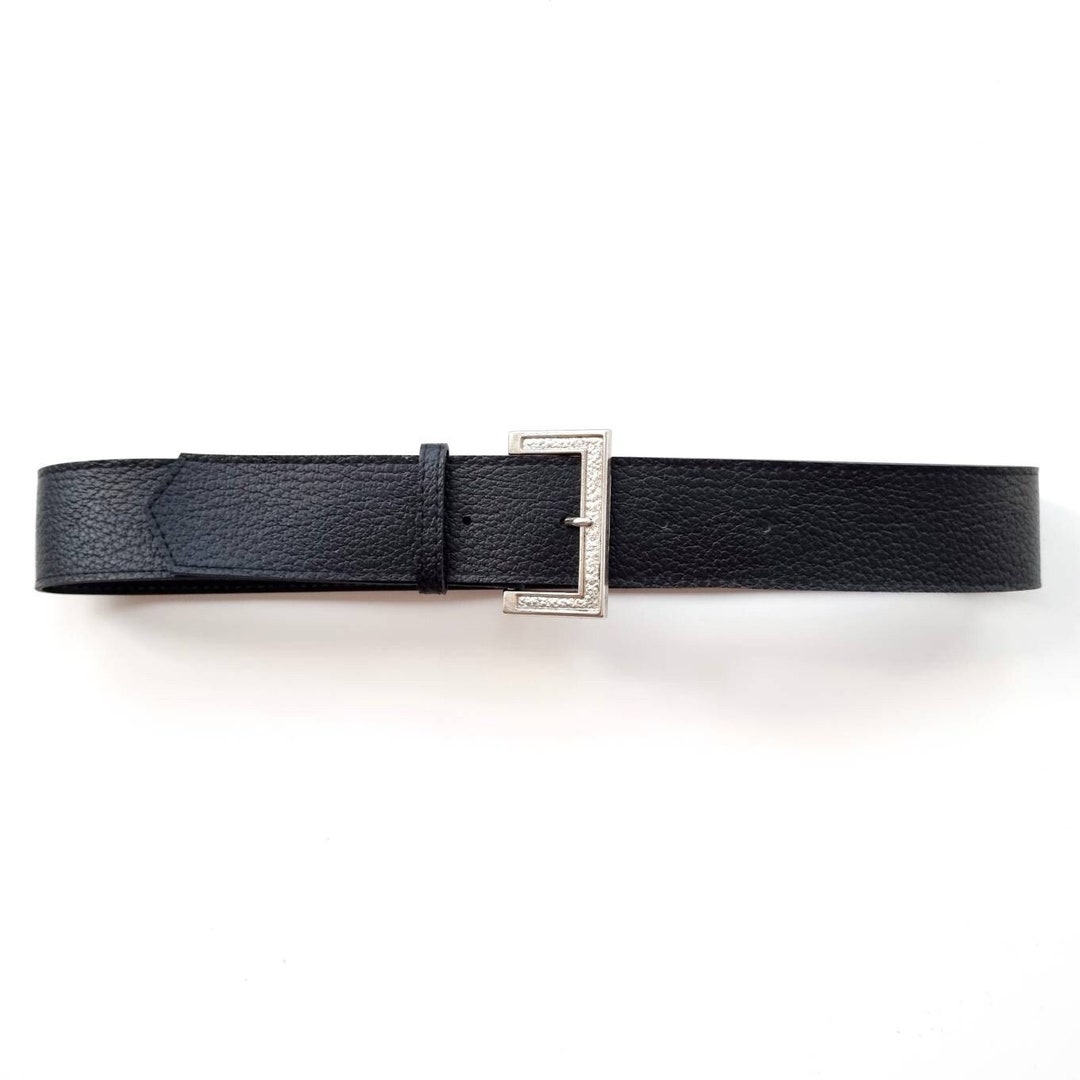Vintage Ladies Black Vegan Leather Belt With Square Silver  display picture 2