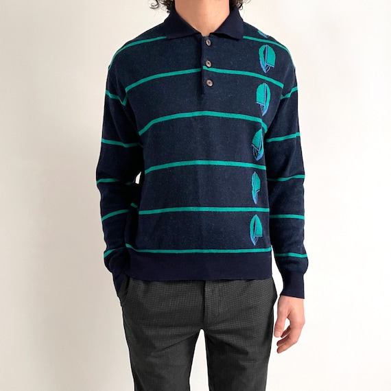 Vintage Men’s Striped Sailing Polo Jumper | Navy … - image 2