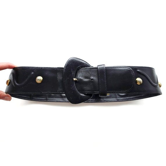 Vintage Black Wide Dress Belt With Leather Buckle | Gold  display picture 2