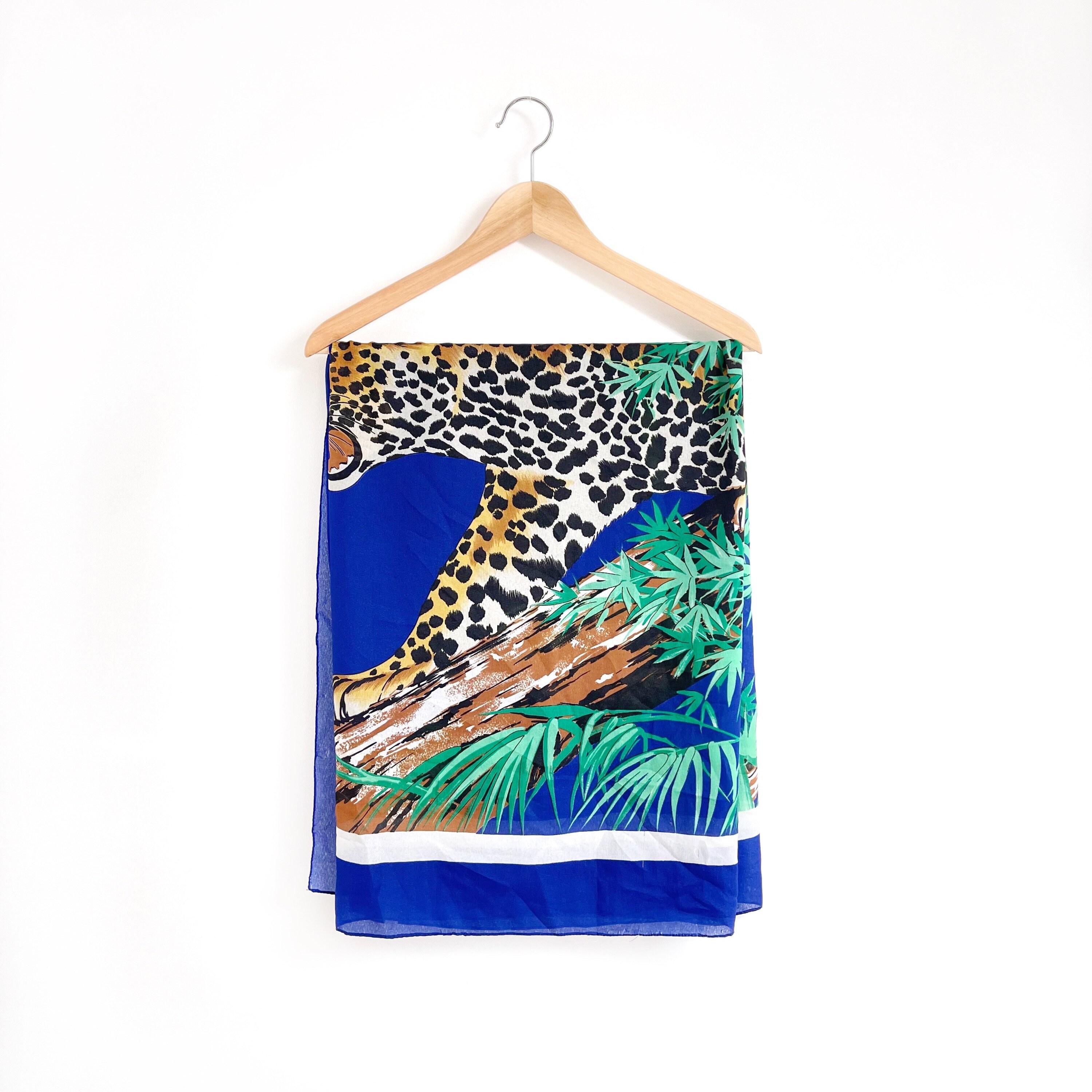 Vintage Huge Leopard Print Scarf | Leopard & Bamboo Blue