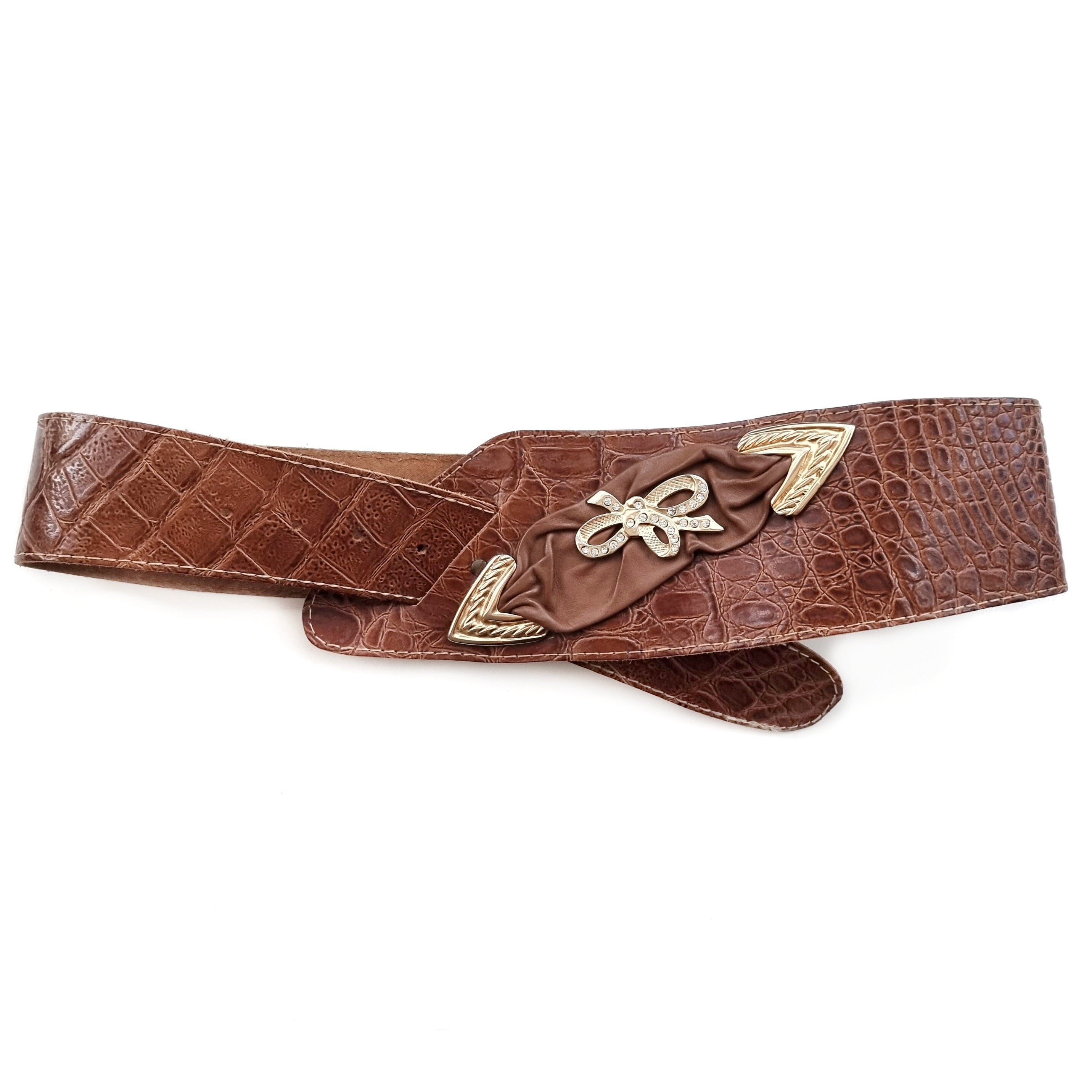 Vintage Brown Embossed Genuine Leather Belt W Gold Bow  display picture 2
