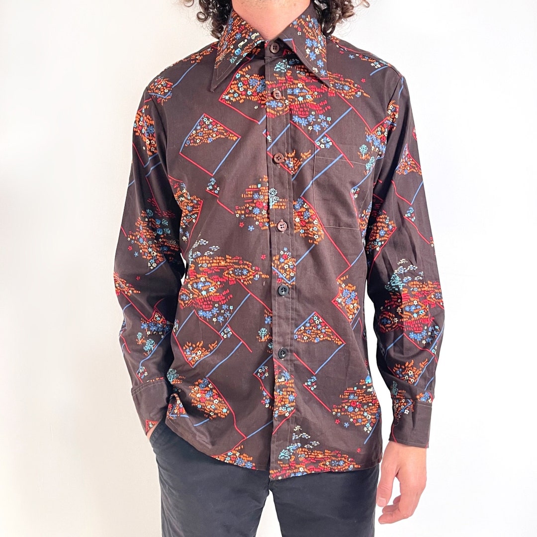 60s Vintage Mens Brown Print Shirt W Dagger Collar & Long Etsy