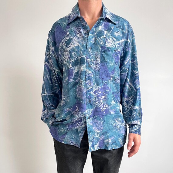 NEW Vintage Mens Printed Silk Shirt | Abstract Art Long Sleeve