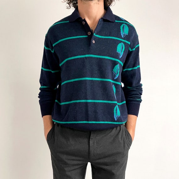 Vintage Men’s Striped Sailing Polo Jumper | Navy … - image 1