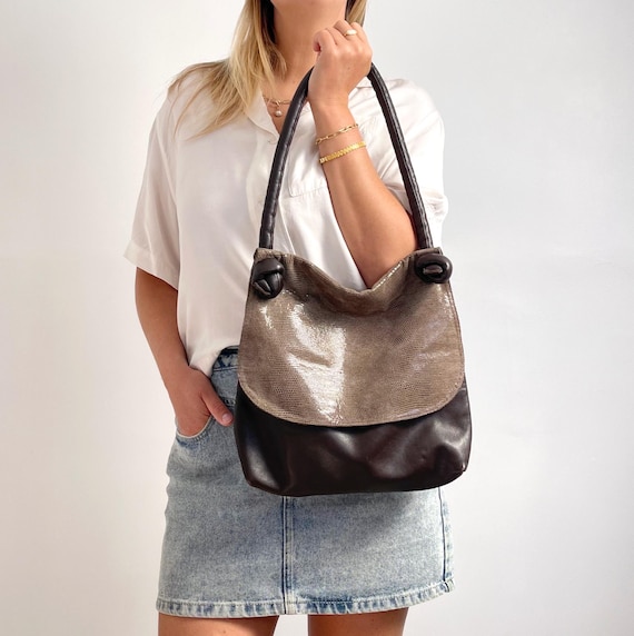 90s Vintage Dark Brown & Faux Snakeskin Leather Shoulder Bag 
