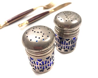 Antique Blue Glass & Silver Salt And Pepper Shakers | Vintage Dinnerware / Tableware