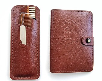 Vintage NEW Men&#39;s Brown Leather Wallet & Grooming Kit // Driving Licence And Card Case Wallet  // Made in Germany