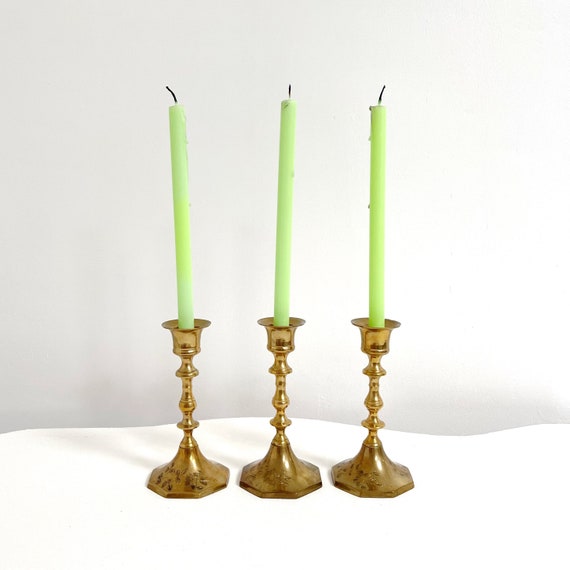 Vintage Etched Brass Candle Holders // Set of 3 Small Skinny Brass