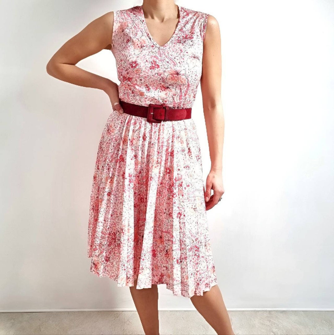 Vintage Pink Floral Dress With Pleated Skirt // Small Midi, Sleeveless