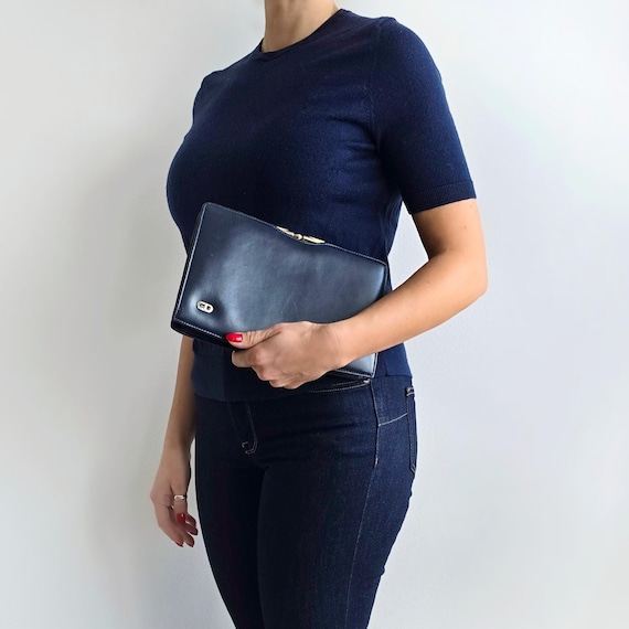 Sac Bandoulière Vintage En Cuir Bleu Marine - Chaînette - Style Marin Chic - Occasion