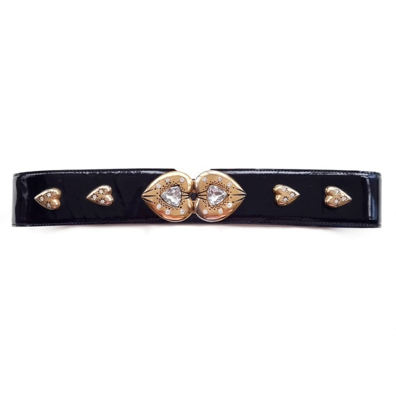 Vintage Black Patent Leather Belt With Gold Heart Studs 