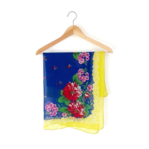 Vintage Bright Floral Scarf // Sheer Bold Flower … - image 1