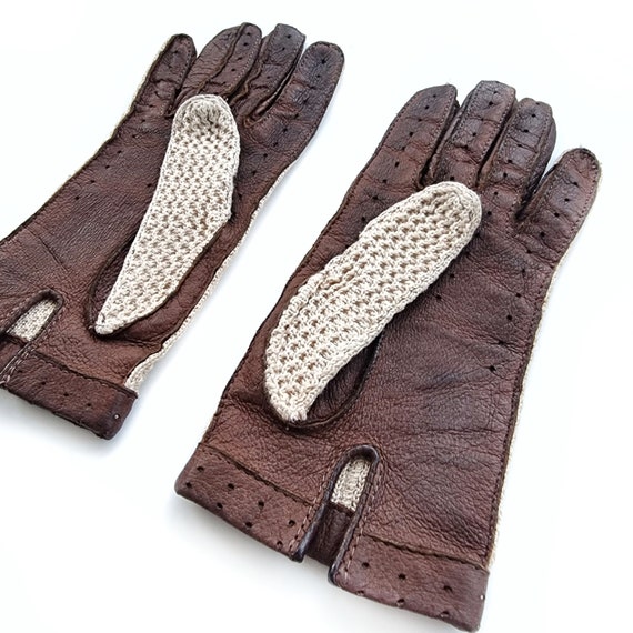 Vintage Cream Crochet & Brown Leather Gloves |  L… - image 6