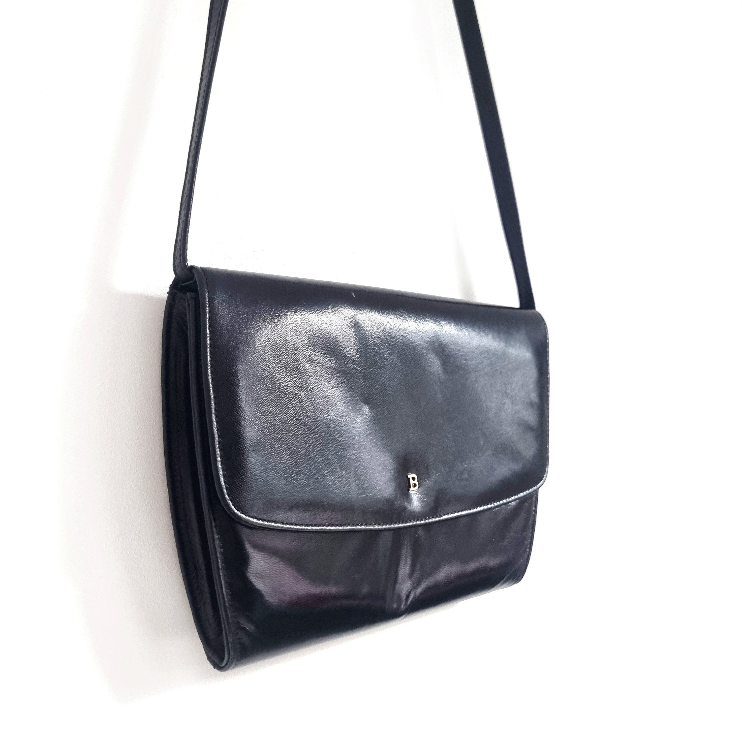 Vintage BALLY Black Leather Handbag W Long Strap | Monogram 