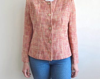 Blazer de lino y tweed coral vintage, fabricado en el Reino Unido / Chaqueta clásica elegante de tejido texturizado / Talla M / Hecho en el Reino Unido