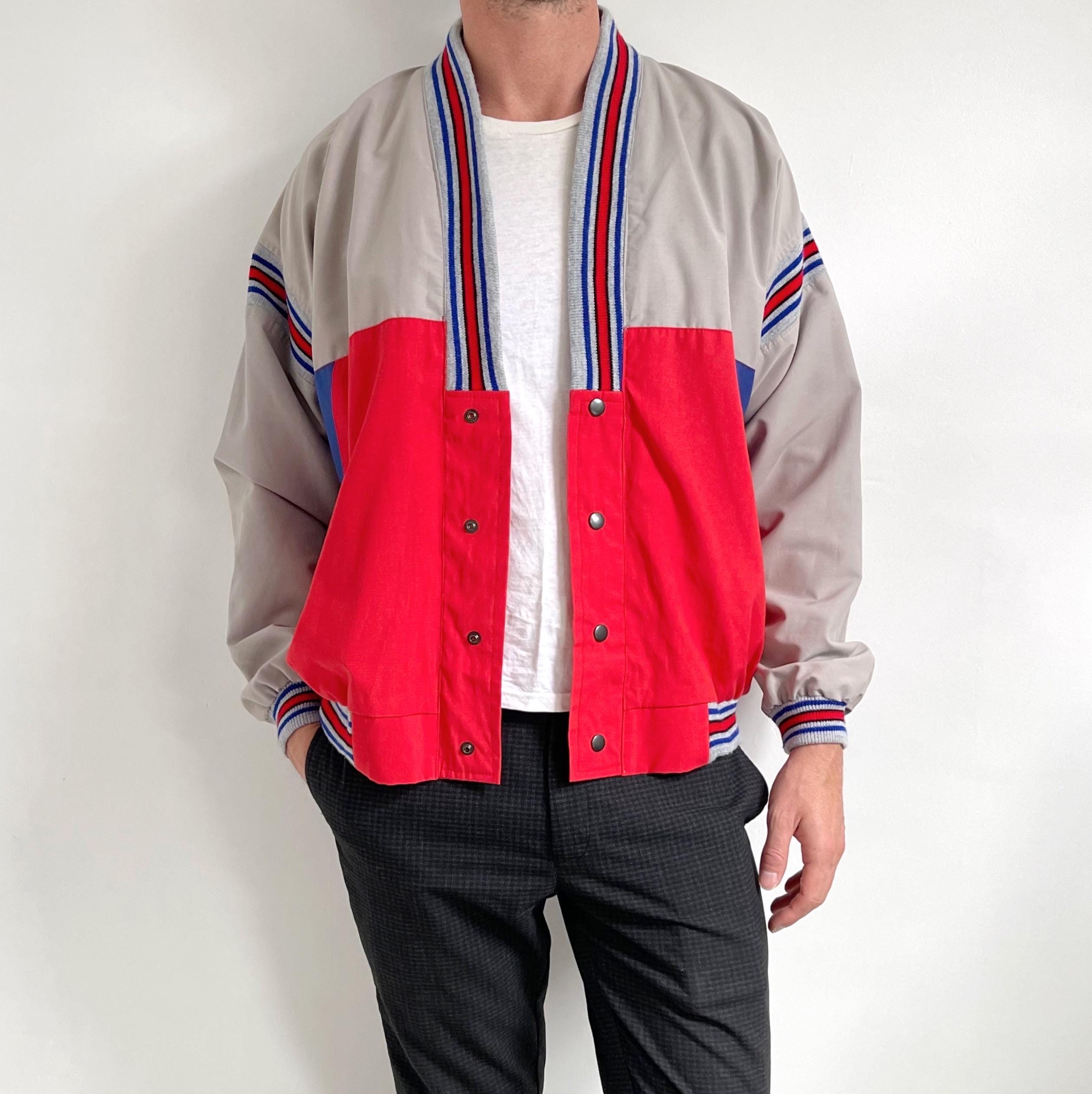 80s Vintage Men's Colour Block Bomber Jacket | Sporty Red, Grey