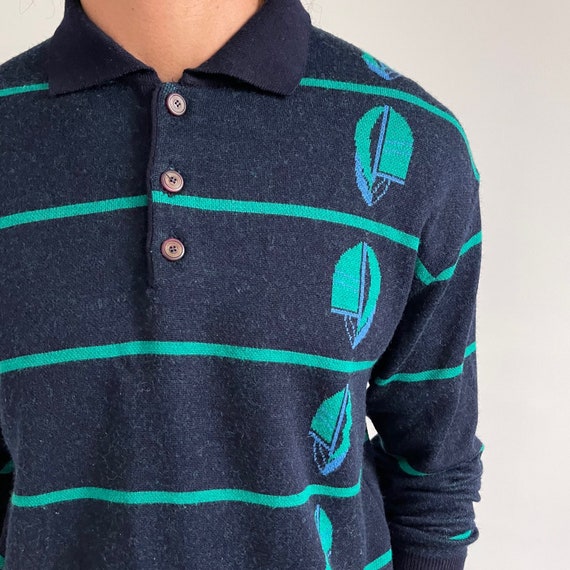 Vintage Men’s Striped Sailing Polo Jumper | Navy … - image 3