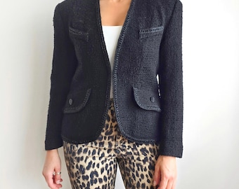 90's Vintage Ladies Black Structured Wool Blazer With Lurex Trim | Smart Textured Jacket | Medium | Made in France