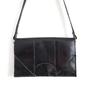 Vintage Schwarze Geometrische Design Leder Handtasche | Kleine Minimalistische Tasche mit langem dünnen Riemen