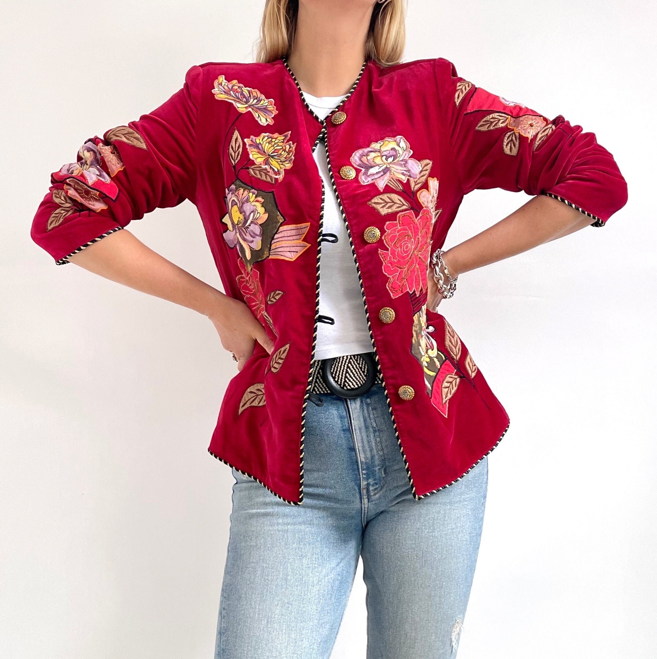 Vintage Indigo Moon Embellished Art Blazer | Red Velvet Vintage Indigo Moon Embellished Art Blazer | Red Velvet