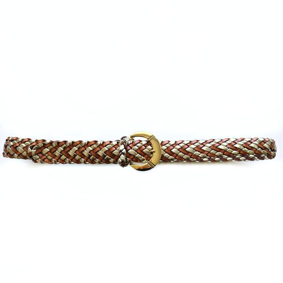 Vintage Gold & Tan Brown Woven Ladies Belt With Shiny Gold  display picture 3