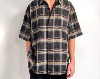 Vintage Tommy Bahama Dunkles Leinen Hemd | Kurzarm gewebtes kariertes Karohemd für Herren | X - Groß