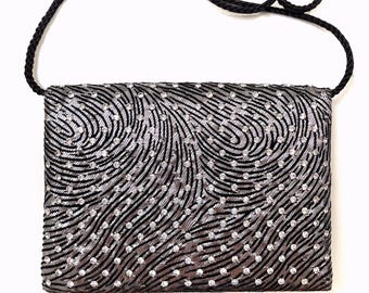 80s Vintage Sparkly Silver & Black Evening Bag | Diamanté Embellished Metallic Zebra Handbag w Rope Strap