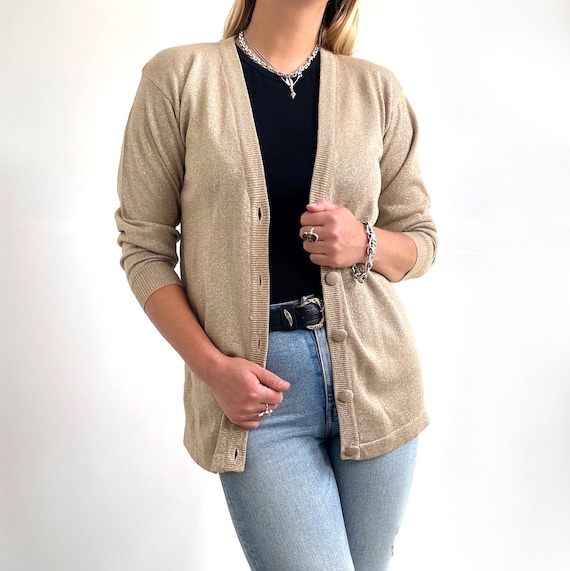 80s Vintage Gold V-neck Cardigan | Sparkly Elongated Button-up Jumper | Small