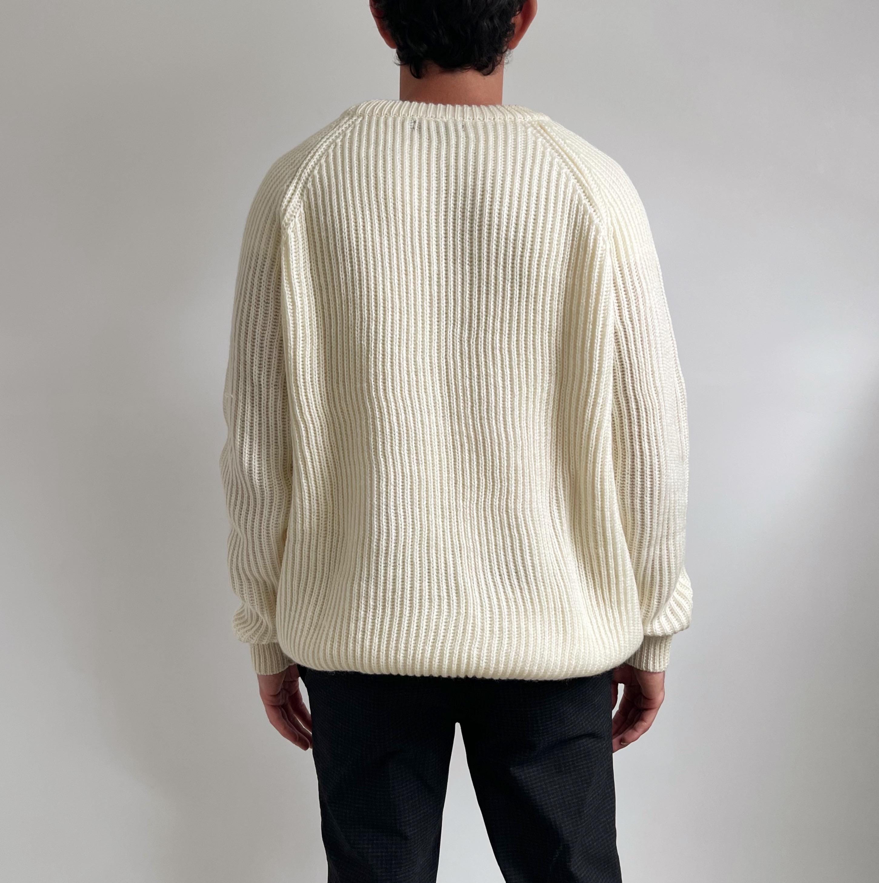 00s Vintage Mens Cream Wool Jumper Simple Ribbed Knit