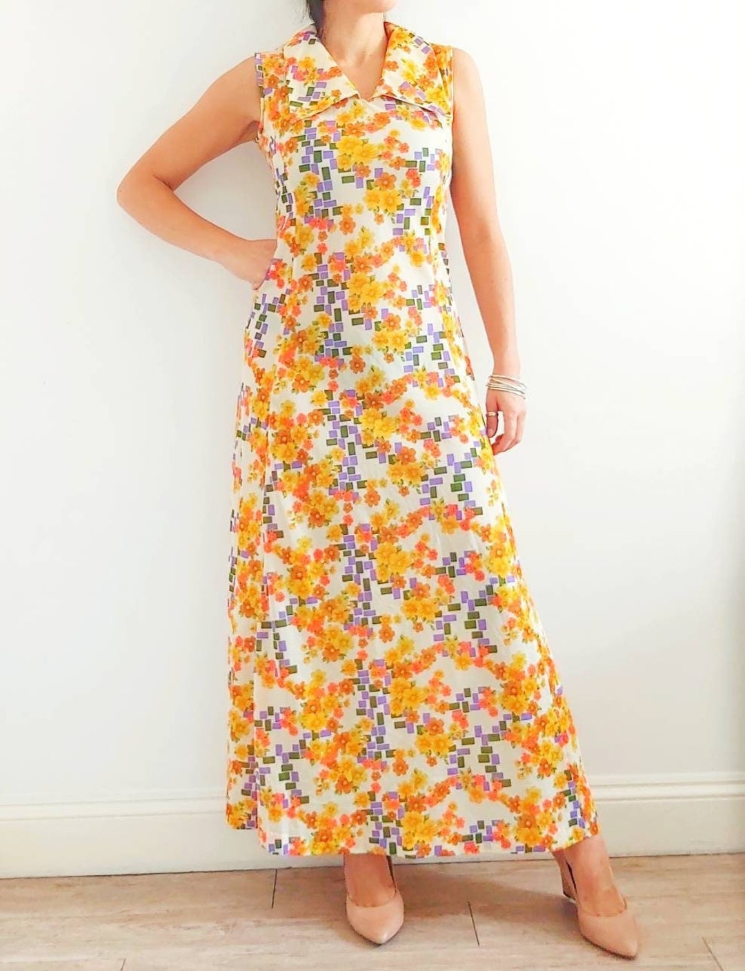 70's Vintage Floral Maxi Dress // Long Orange Print Summer Dress ...