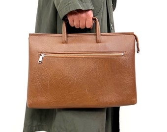 Vintage Men’s Document Briefcase Bag | Large Laptop Bag in Brown Vegan Leather | 70’s Man Bag