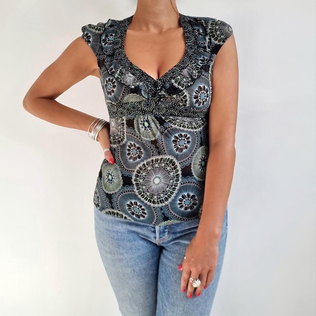 00's Vintage Jane Norman Georgette Print Blouse Y2K Black, Blue Green  Top Small