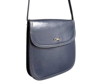Vintage Navy Leather Handbag w Gold Infinity Detail | Sweet Small Envelope Shoulder Bag
