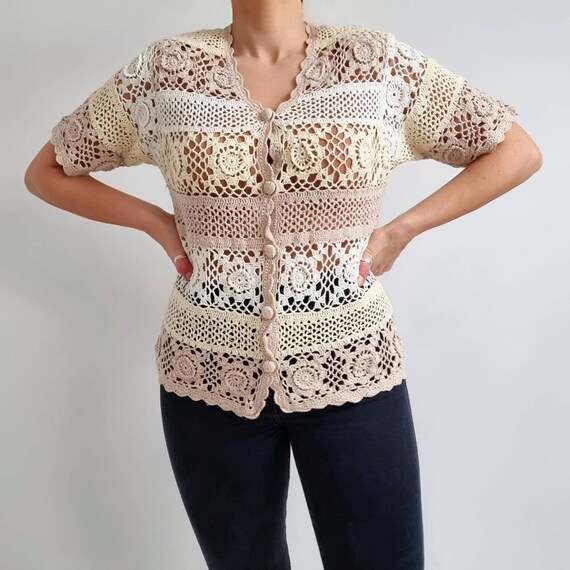 Vintage Cream & Beige Stripe Crochet Top | Short Sleeve