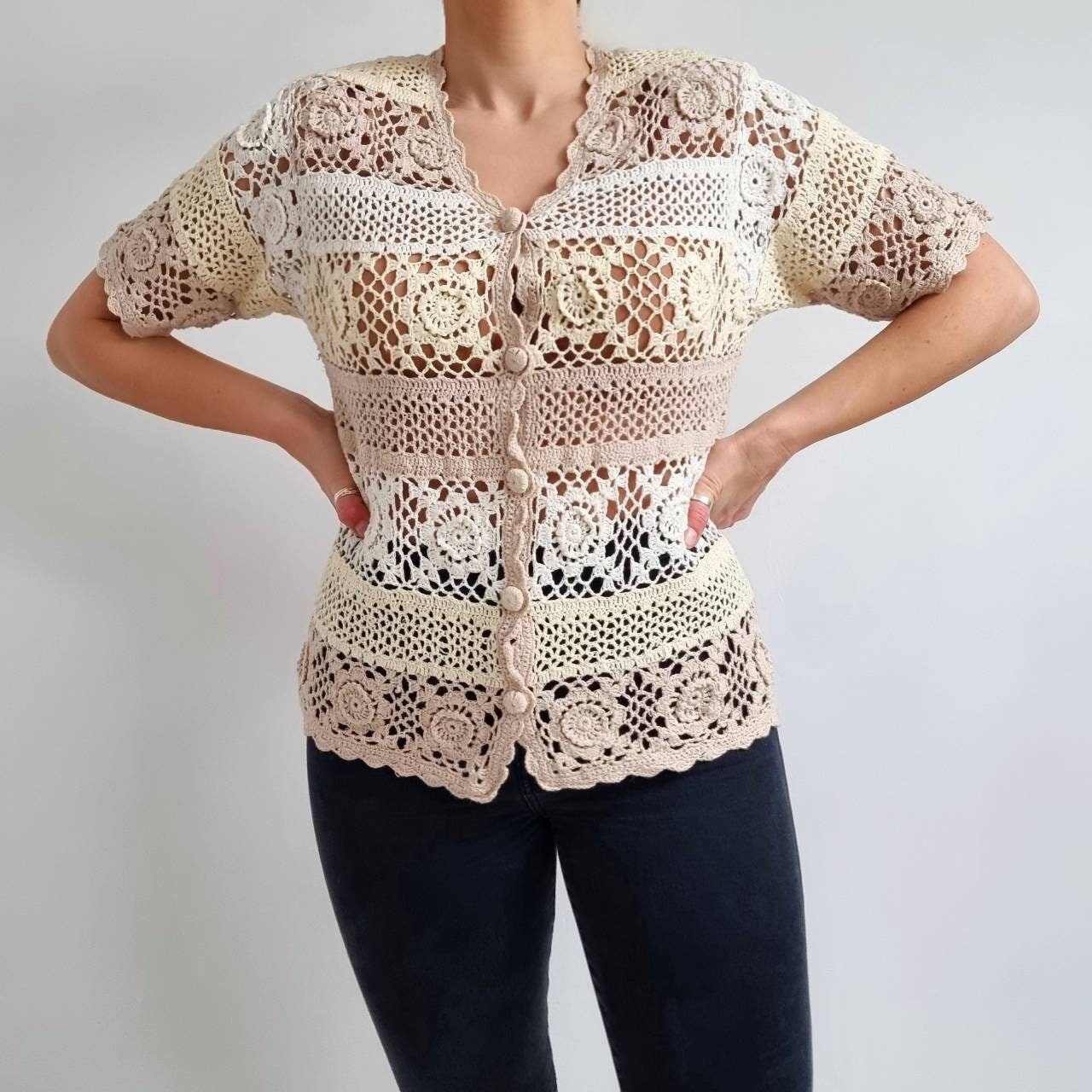 Vintage Cream & Beige Stripe Crochet Top | Short Sleeve Granny
