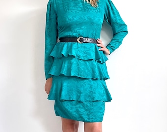 80er Jahre Vintage Seidenkleid in Türkis | Jacquard Langarm Stufenrock Ra-Ra Midi | Mittel