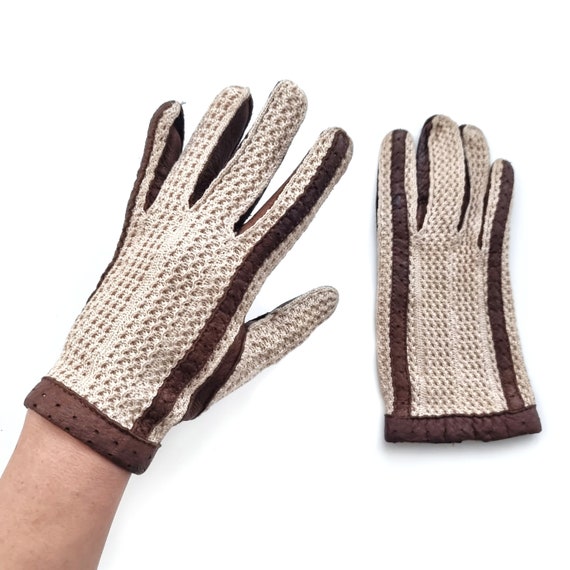 Vintage Cream Crochet & Brown Leather Gloves |  L… - image 1