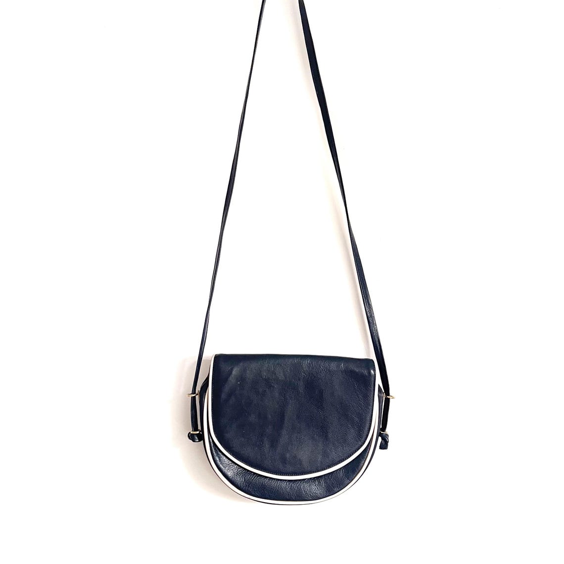 Vintage Navy & White Leather Handbag w Gold Detail | Long Skinny Strap Nautical Bag | Small, photo 3 sur 5