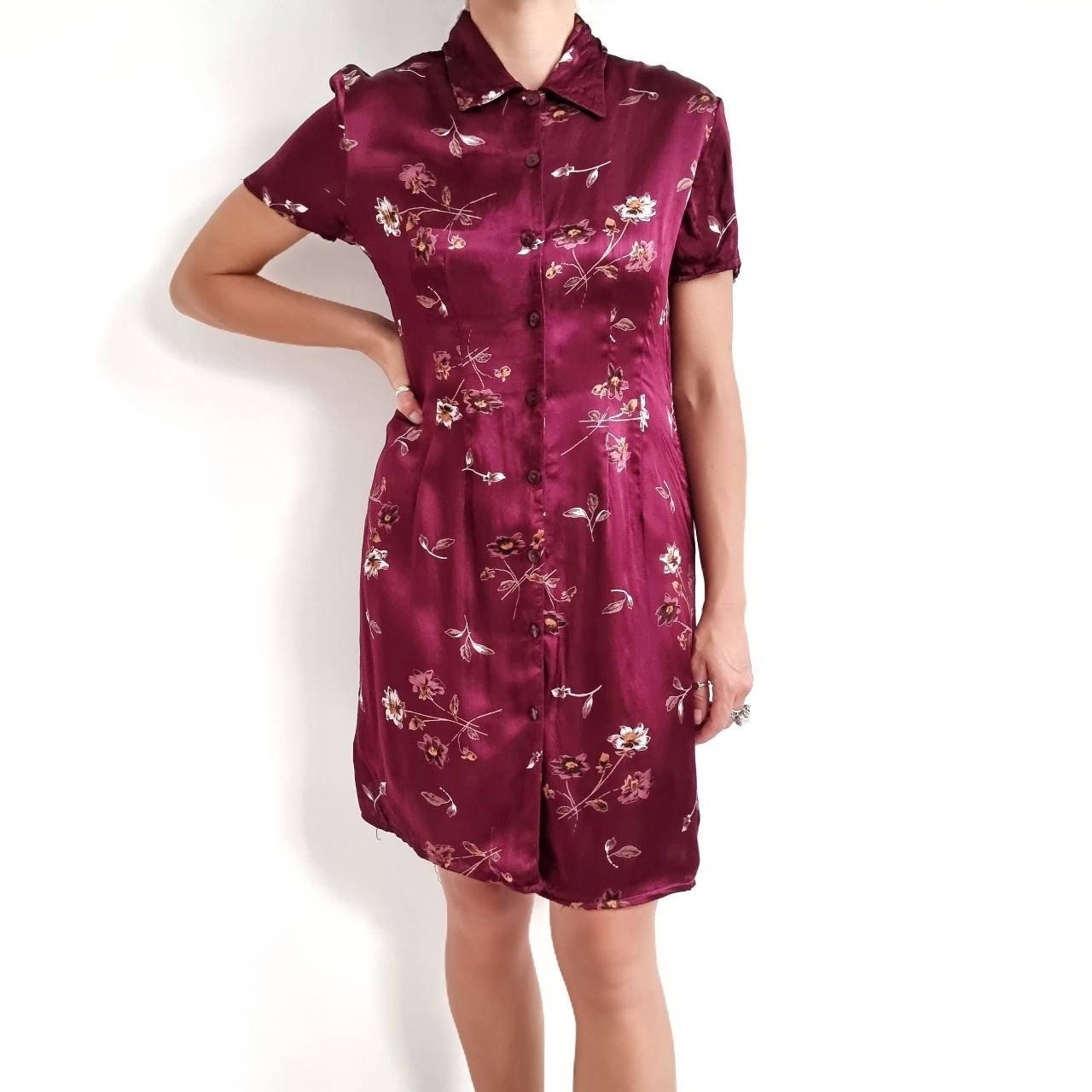 Vintage Burgundy Floral Shirt Dress // Purple Flower Print Satin Dress // Small - Medium Vintage Burgundy Floral Shirt Dress // Purple Flower Print Satin Dress // Small - Medium