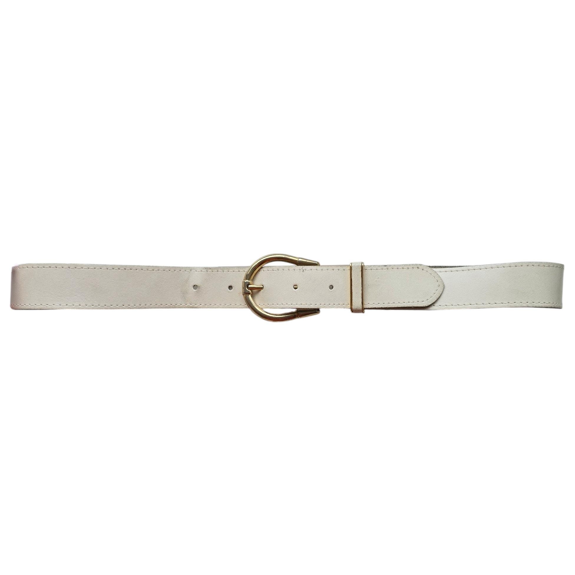Vintage White Cream Leather Belt With Gold Buckle | Medium  display picture 1