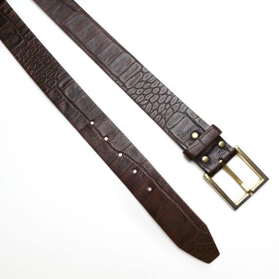 Vintage Dark Brown Crocodile Embossed Belt With Gold Buckle  display picture 2