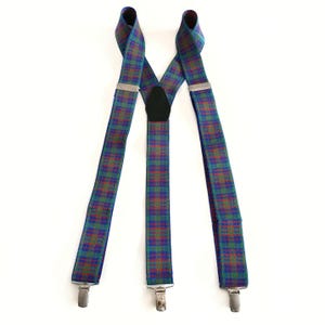 Vintage Men&#39;s Blue, Green & Bright Red Tartan Check Elastic Suspenders | Trouser Braces With Silver Clips