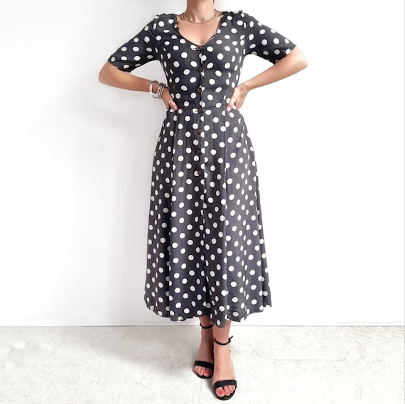 Vintage Grey & White Polka Dot Long Dress | Short Sleeve Button-Up Maxi Summer Dress | Small Vintage Grey & White Polka Dot Long Dress | Short Sleeve Button-Up Maxi Summer Dress | Small
